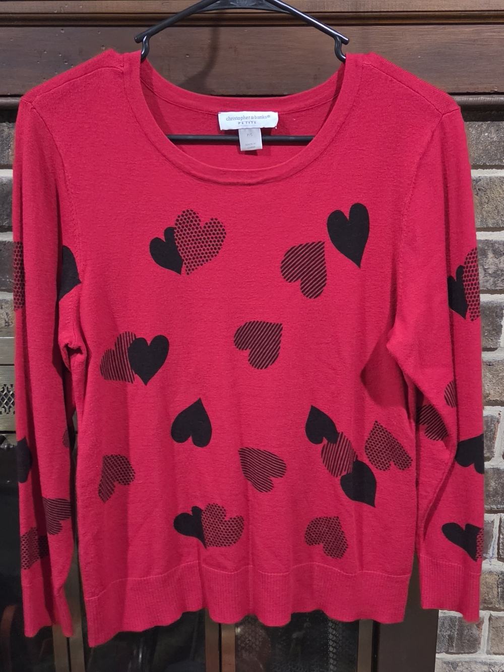 Christopher & Banks Red Long-Sleeve Sweater with Black Heart Print